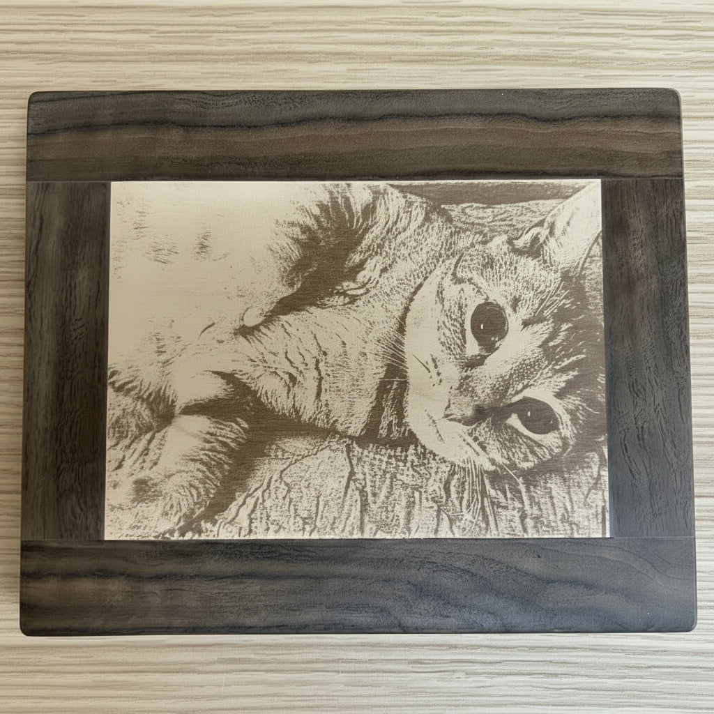 Cat portrait engraved on wood