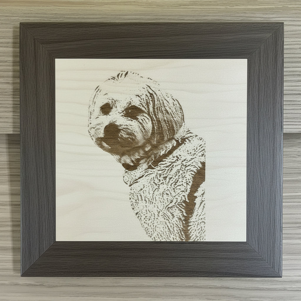 Dog portrait engraved on wood